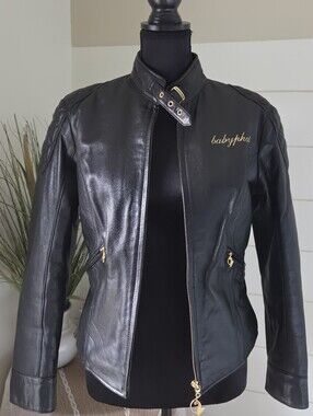 Vintage Baby Phat Genuine Leather Jacket S Gold Cat Embroidered Archive Y2K